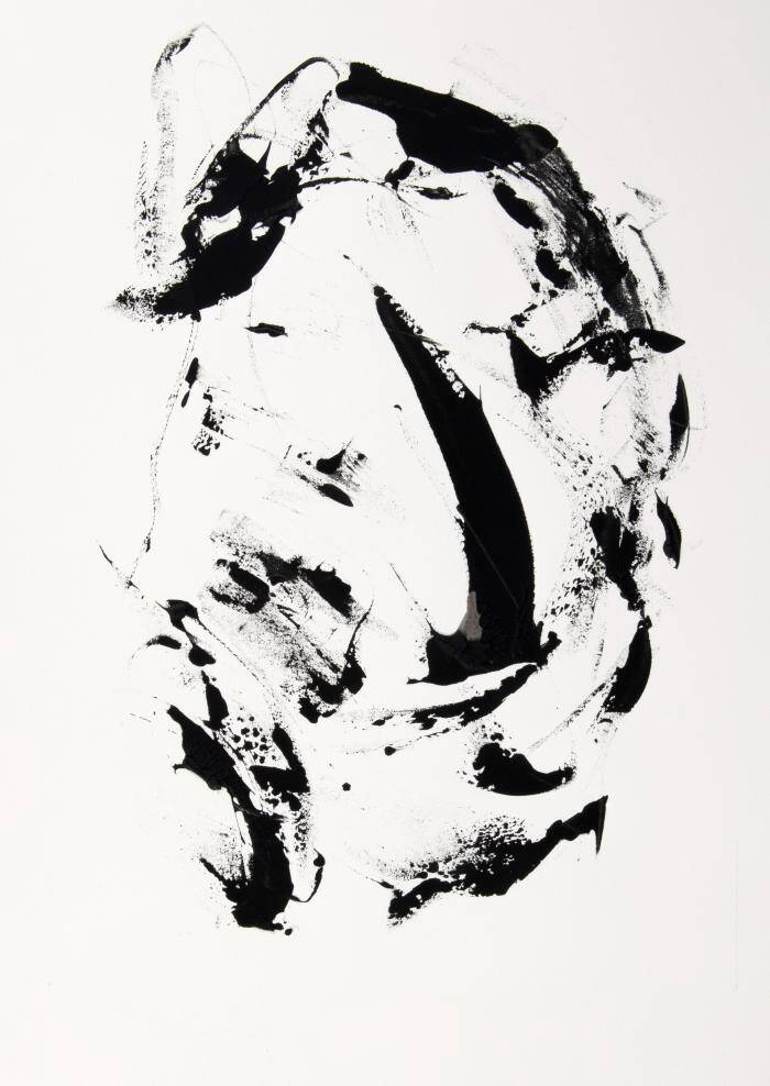 An abstract painting of a face. The background is white and the paint is black.